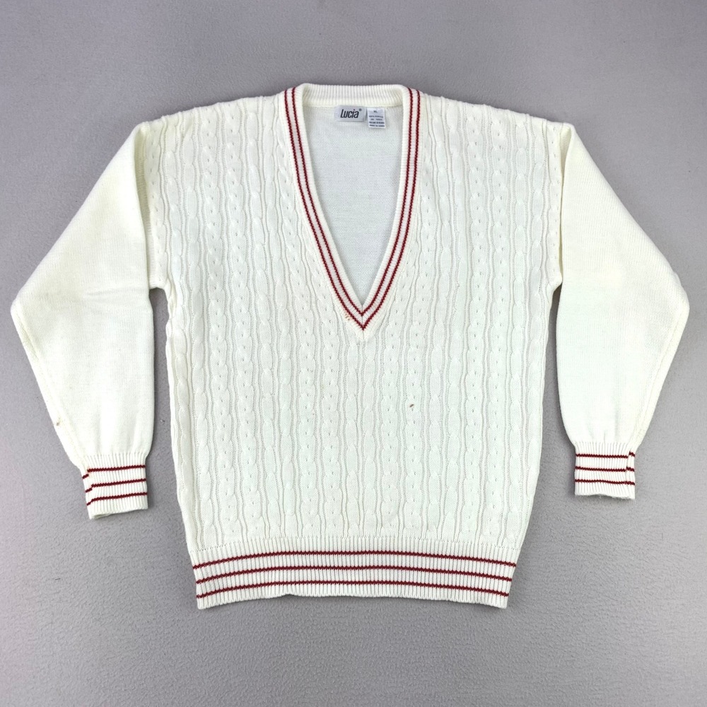 Vintage Cricket Lucia Sweater Mens XL‎ White Preppy Cable Knit V-Neck Acrylic